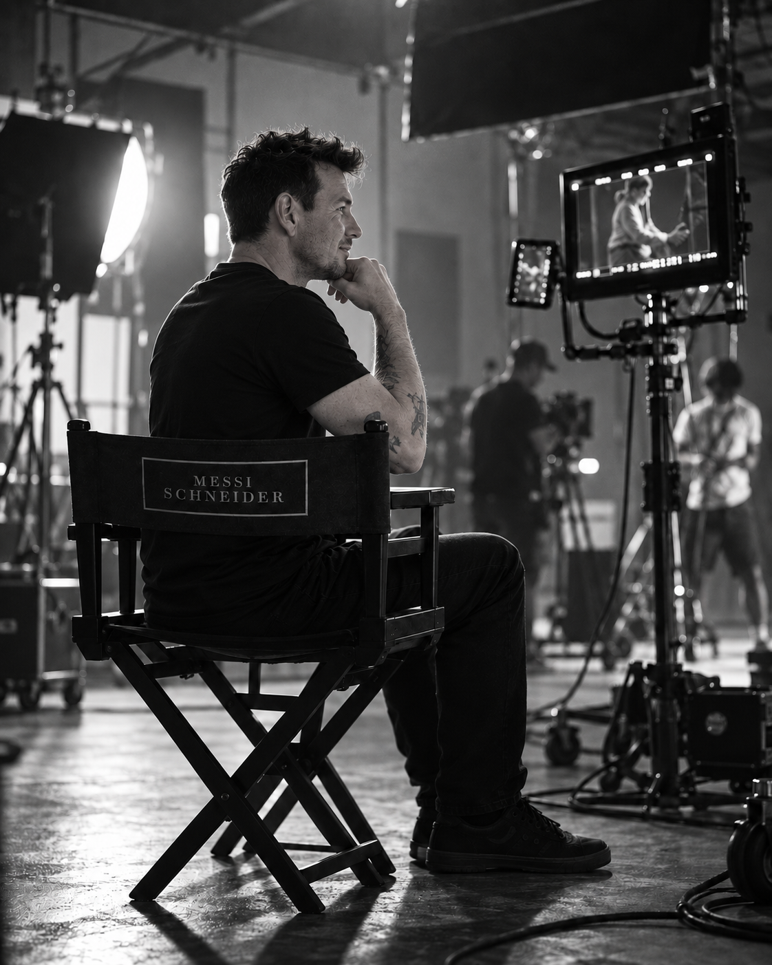 Messi Schneider seated in his director's chair on a film set, black and white